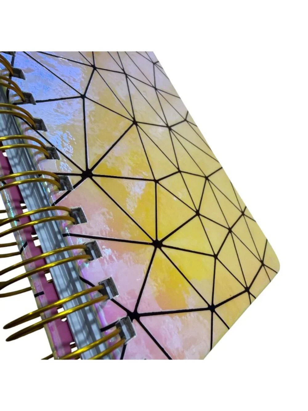 Holographic Geometric Spiral Journal Notebook Pink Yellow Pen&Gear